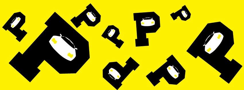 Ilustración de la marca Parkeados: el logo repetido en distintos tamaños sobre fondo amarillo